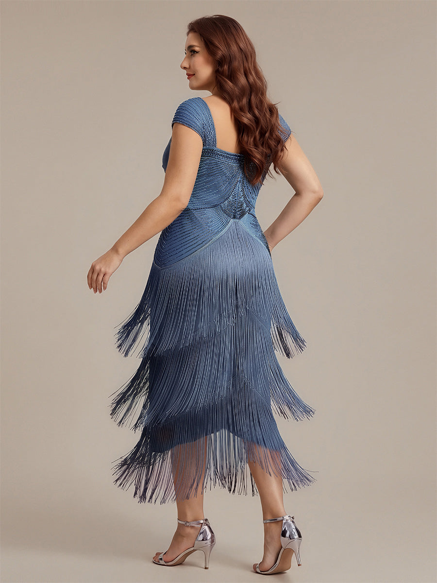 Sequin Sleeveless fringe cocktail dress #color_Dusty Blue
