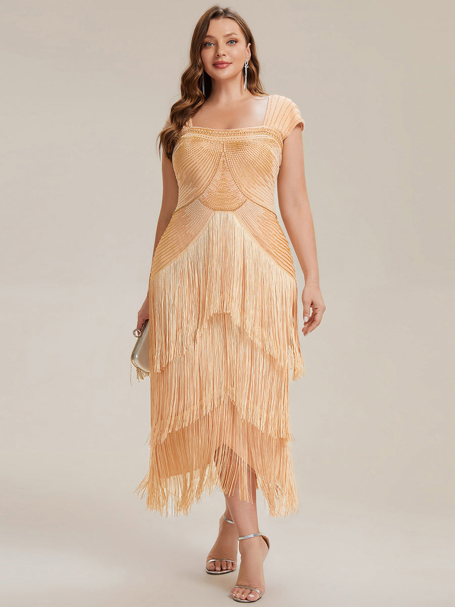 Sequin Sleeveless fringe cocktail dress #color_Gold