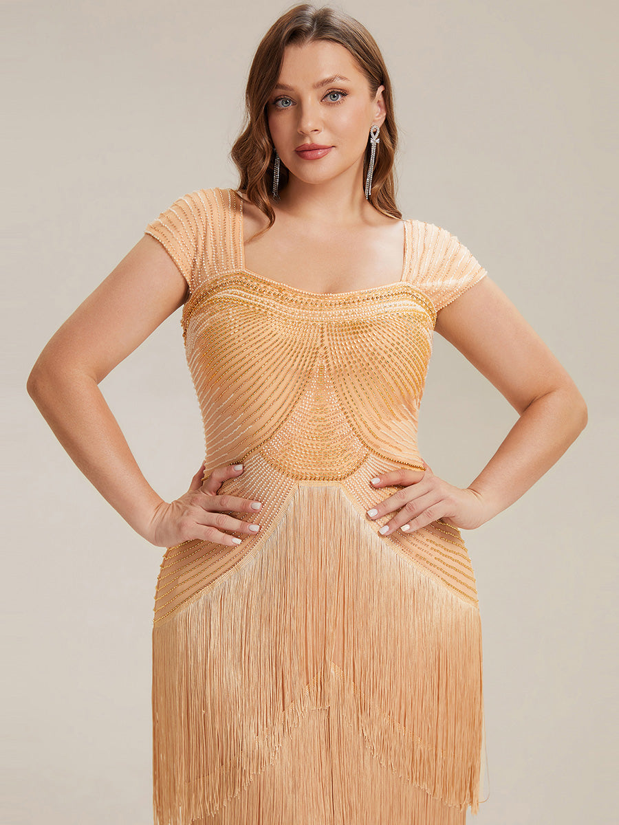 Sequin Sleeveless fringe cocktail dress #color_Gold