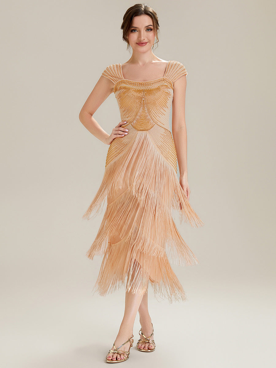 Sequin Sleeveless fringe cocktail dress #color_Gold