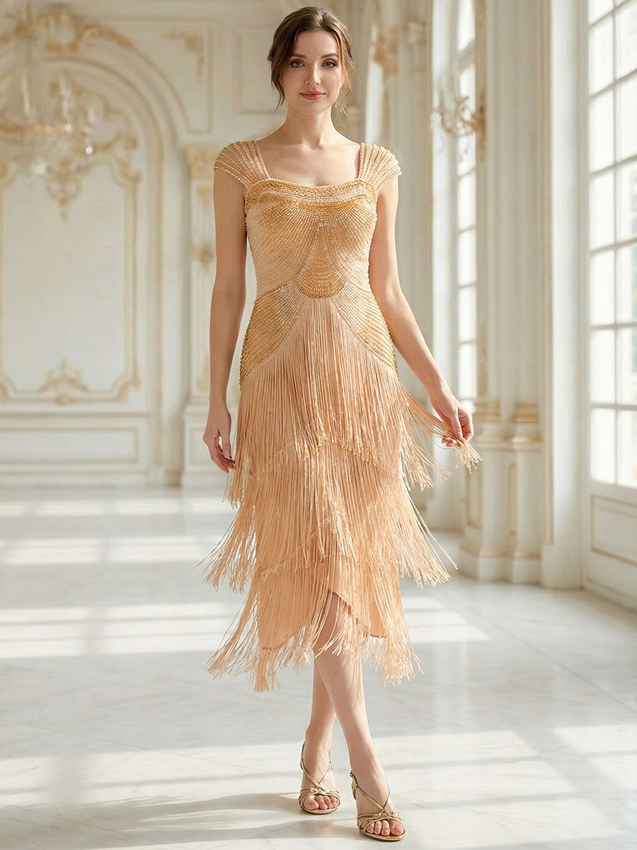 Sequin Sleeveless fringe cocktail dress #color_Gold