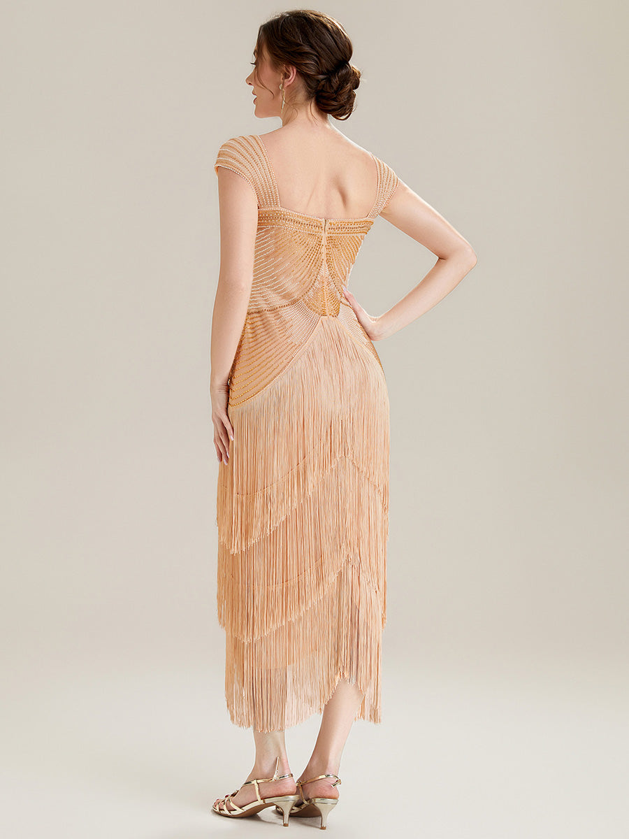Sequin Sleeveless fringe cocktail dress #color_Gold