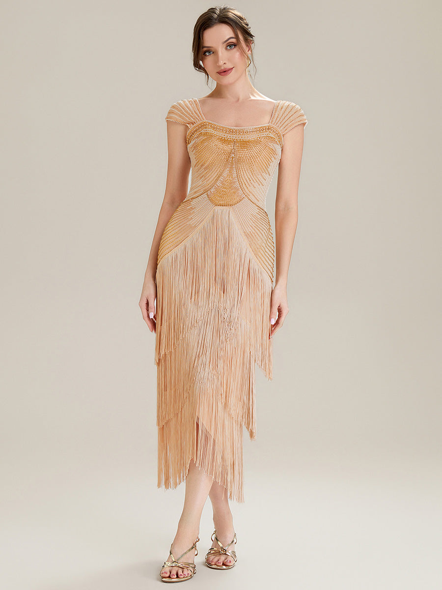 Sequin Sleeveless fringe cocktail dress #color_Gold