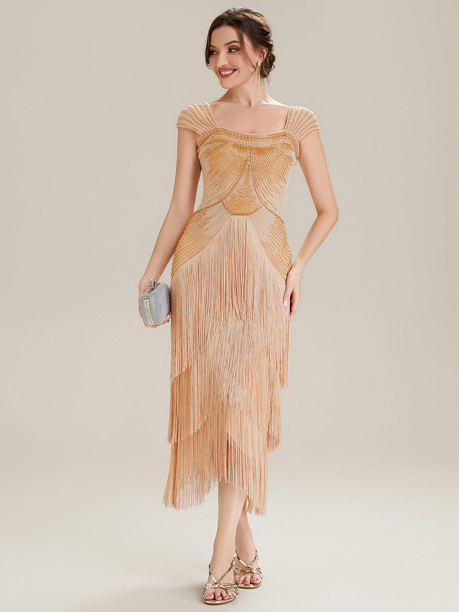 Sequin Sleeveless fringe cocktail dress #color_Gold