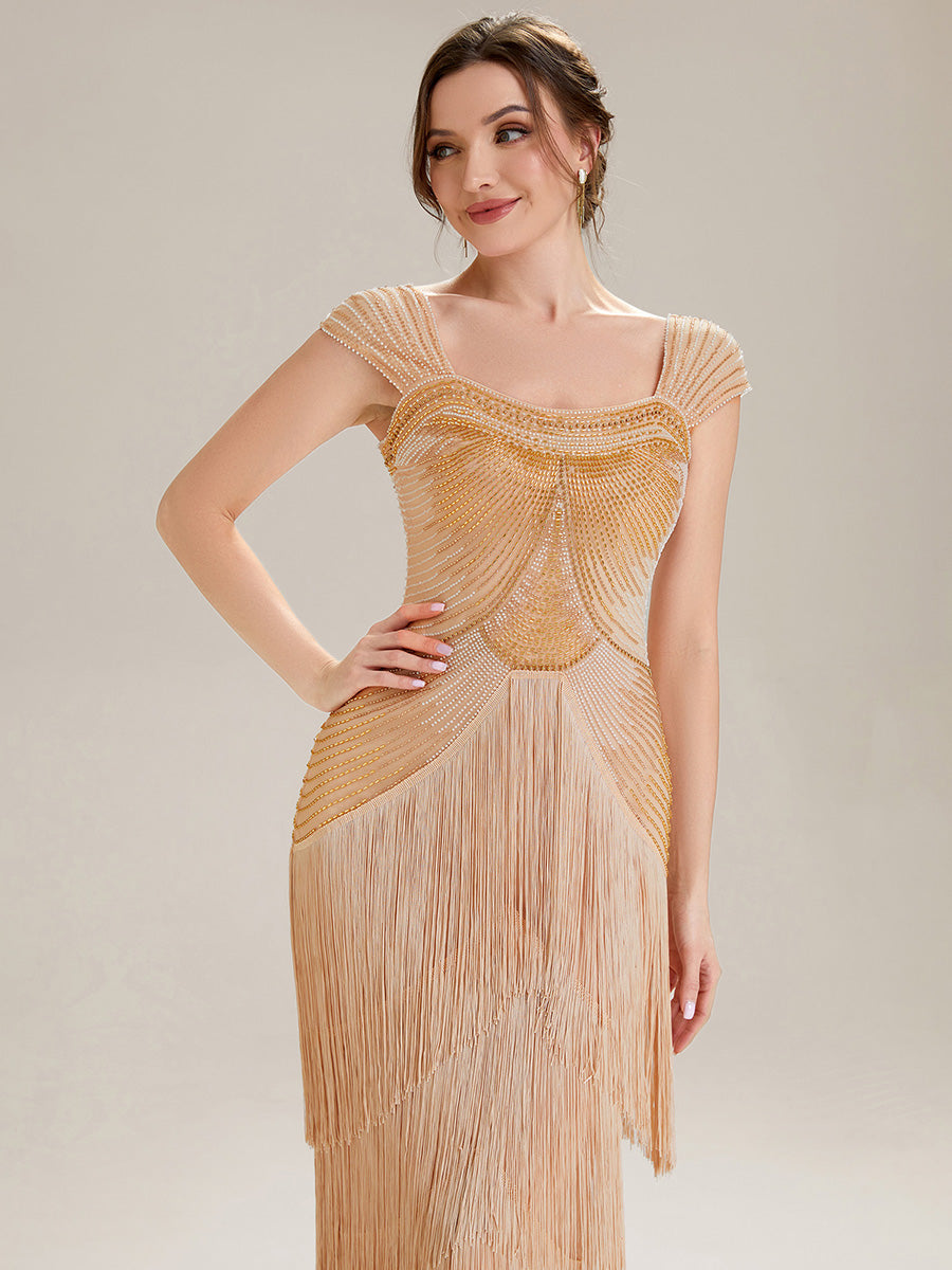 Sequin Sleeveless fringe cocktail dress #color_Gold