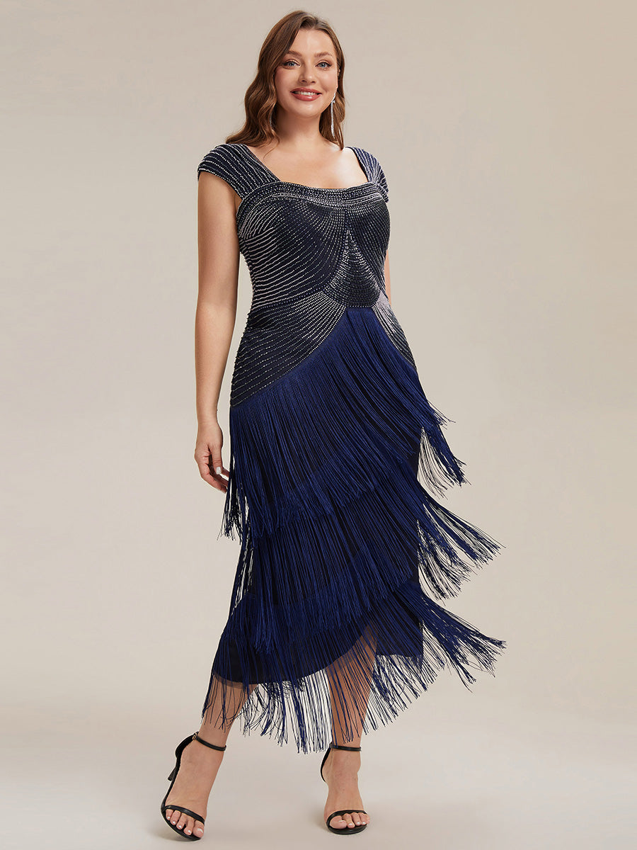 Sequin Sleeveless fringe cocktail dress #color_Navy Blue