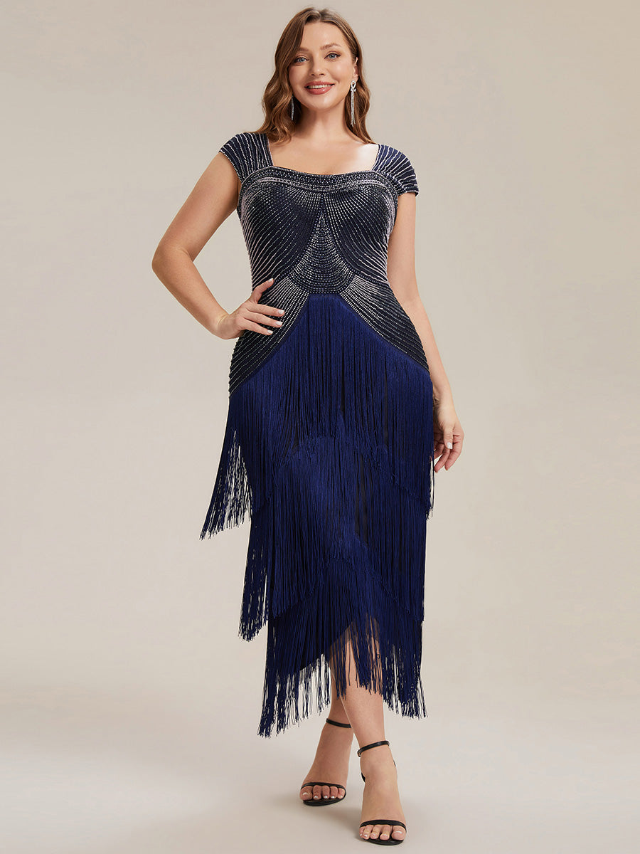 Sequin Sleeveless fringe cocktail dress #color_Navy Blue