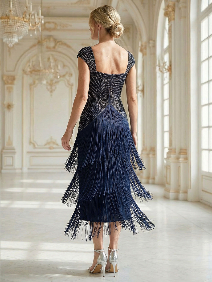 Sequin Sleeveless fringe cocktail dress #color_Navy Blue