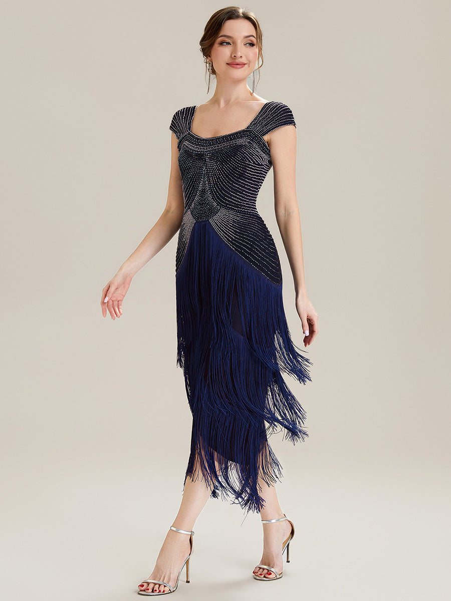 Sequin Sleeveless fringe cocktail dress #color_Navy Blue