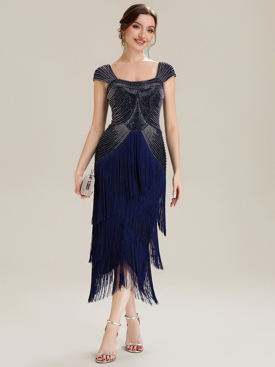 Sequin Sleeveless fringe cocktail dress #color_Navy Blue
