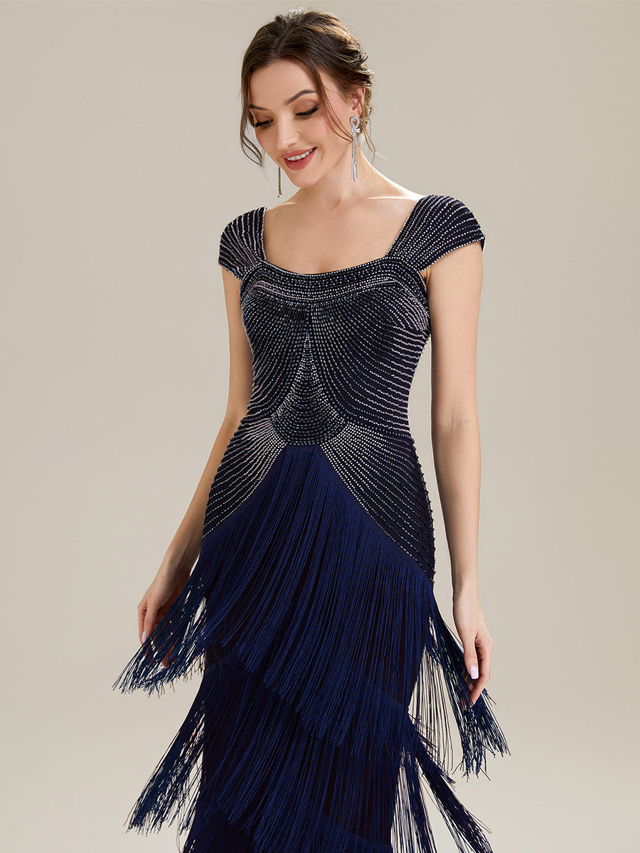 Sequin Sleeveless fringe cocktail dress #color_Navy Blue