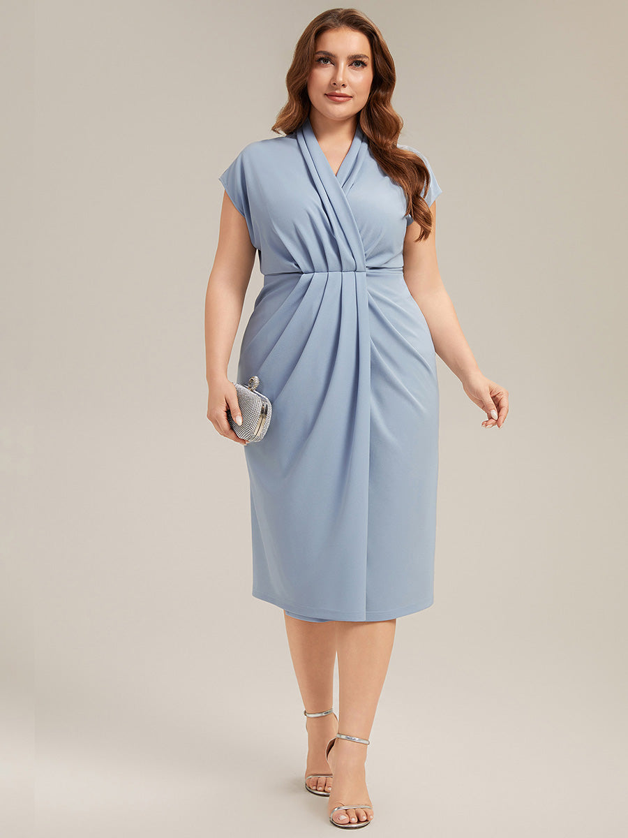 Plus Size Deep V-Neck Knit Wedding Guest Dress #color_Ice Blue