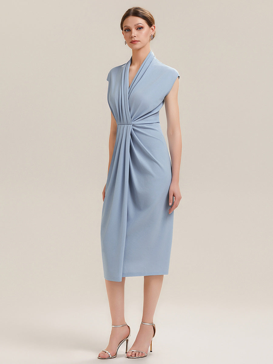 V-Neck Knit Slit Midi Wedding Guest Dress With Sleeves #color_Ice Blue