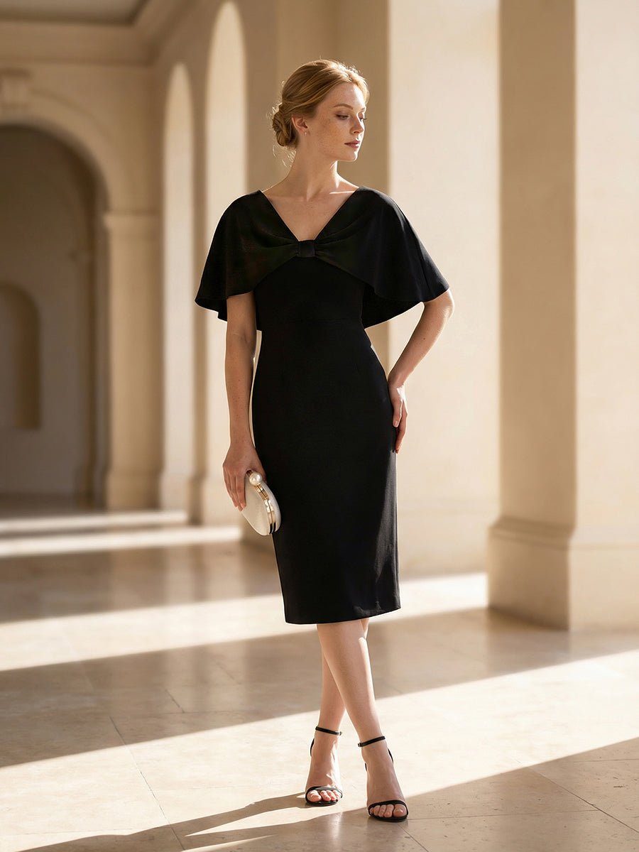 Knit Shawl Sleeve Sheath Wedding Guest Dress #color_Black