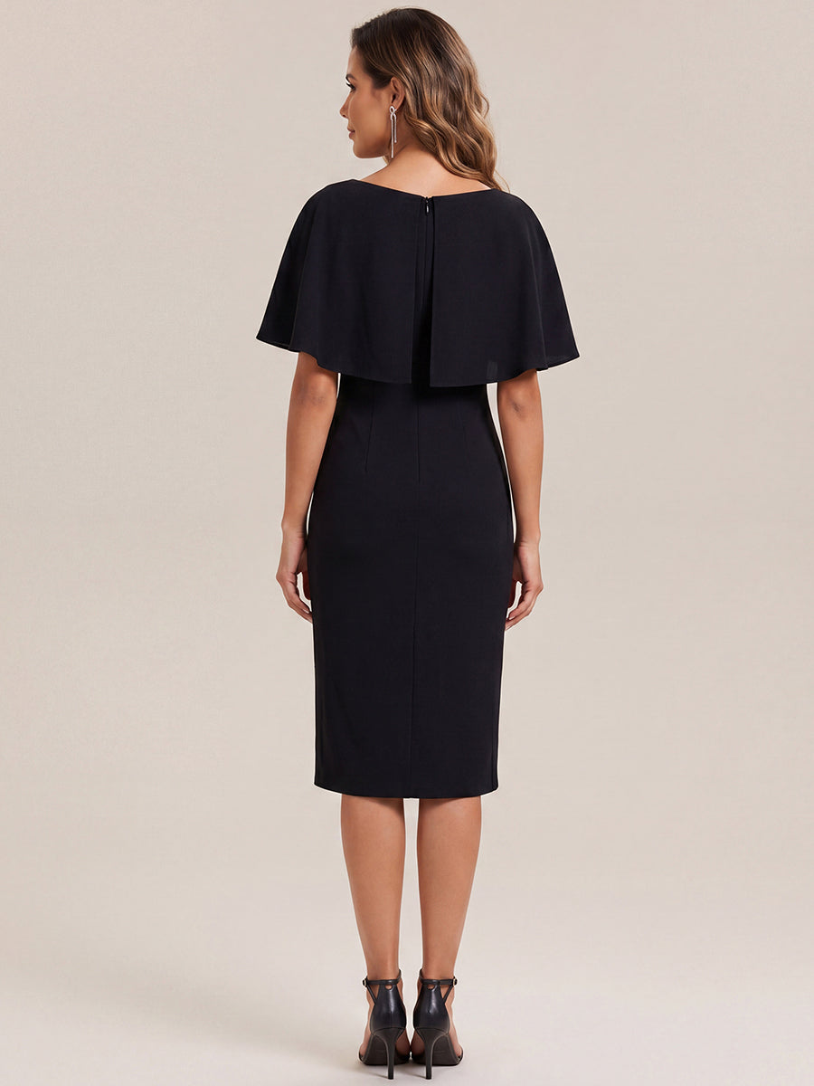 Knit Shawl Sleeve Sheath Wedding Guest Dress #color_Black
