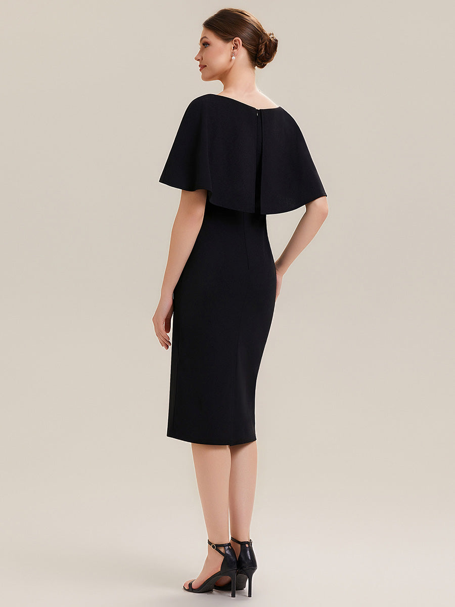 Knit Shawl Sleeve Sheath Wedding Guest Dress #color_Black