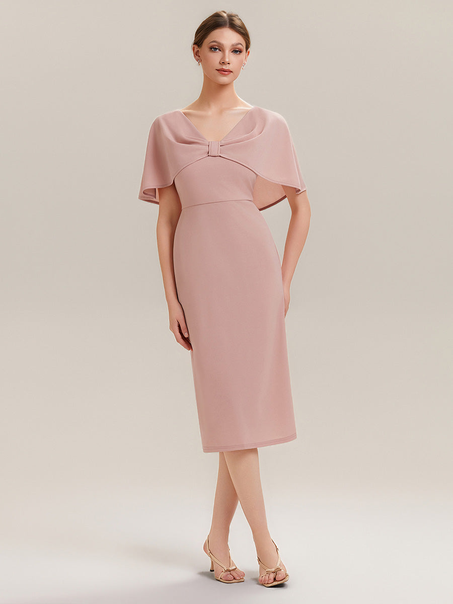 Knit Shawl Sleeve Sheath Wedding Guest Dress #color_Dusty Rose