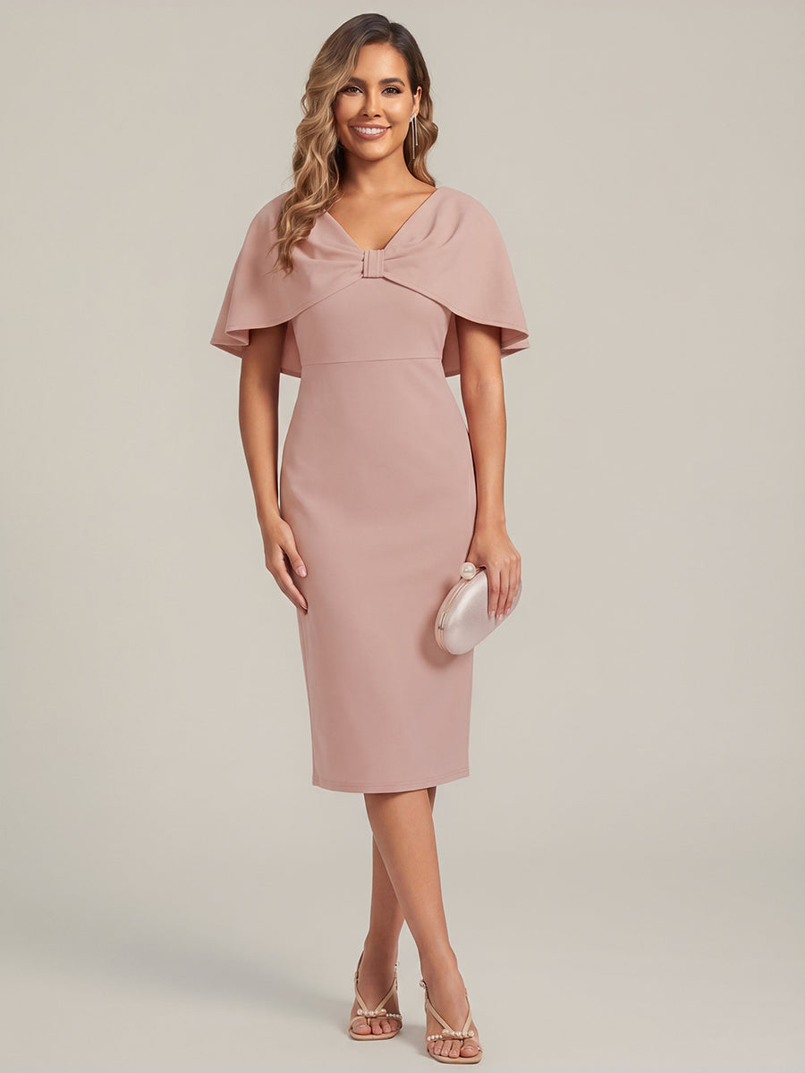 Knit Shawl Sleeve Sheath Wedding Guest Dress #color_Dusty Rose