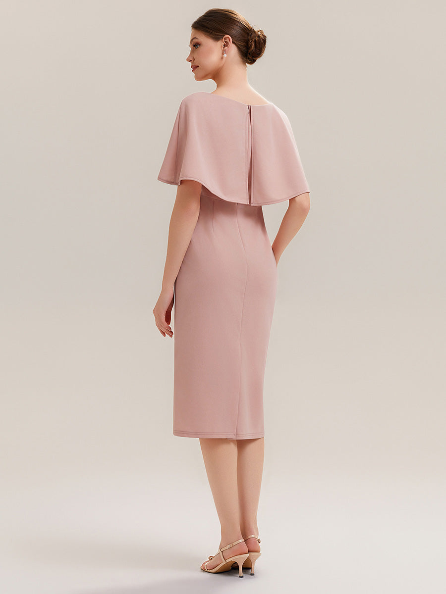 Knit Shawl Sleeve Sheath Wedding Guest Dress #color_Dusty Rose