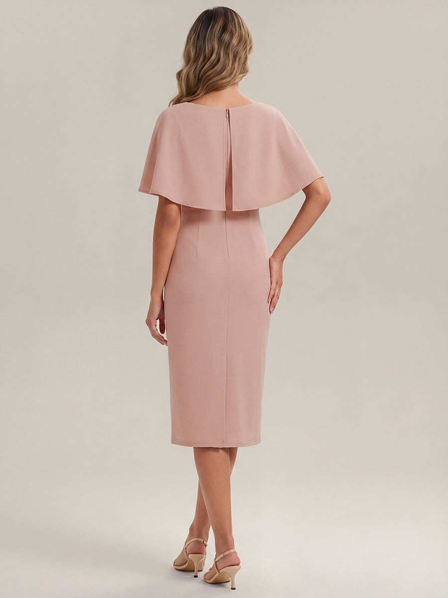 Knit Shawl Sleeve Sheath Wedding Guest Dress #color_Dusty Rose