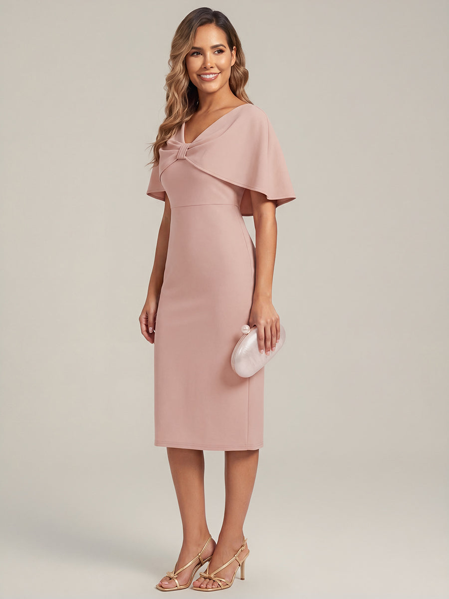 Knit Shawl Sleeve Sheath Wedding Guest Dress #color_Dusty Rose