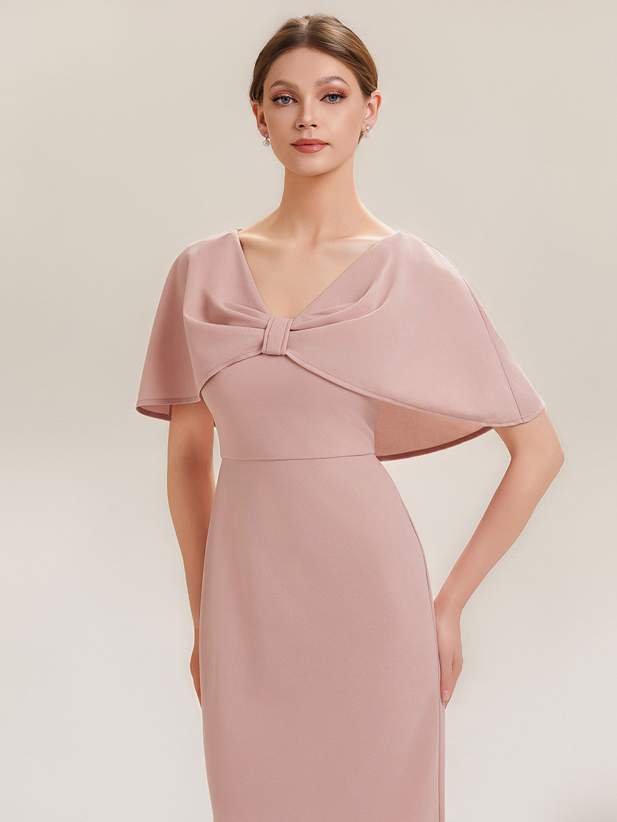 Knit Shawl Sleeve Sheath Wedding Guest Dress #color_Dusty Rose
