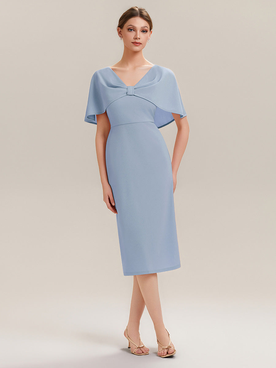 Knit Shawl Sleeve Sheath Wedding Guest Dress #color_Ice Blue
