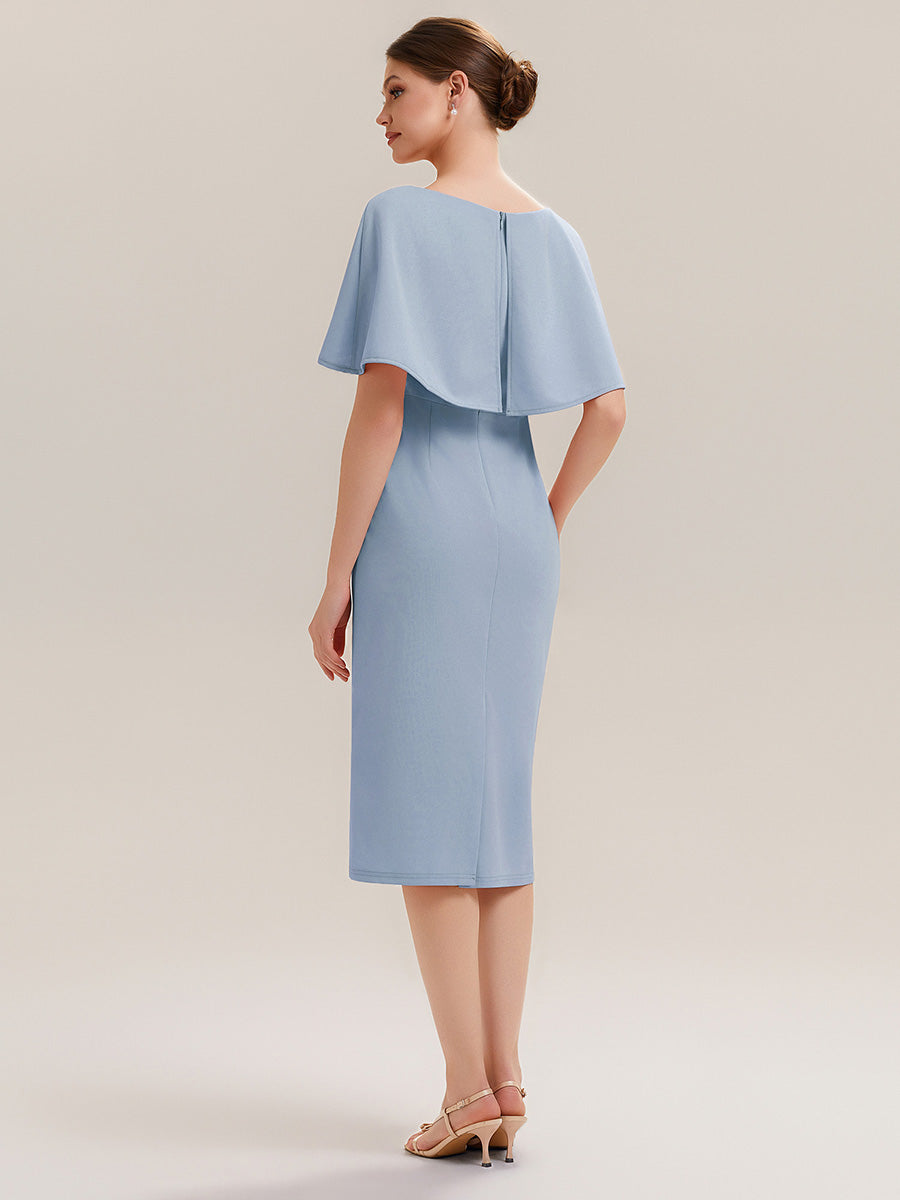 Knit Shawl Sleeve Sheath Wedding Guest Dress #color_Ice Blue