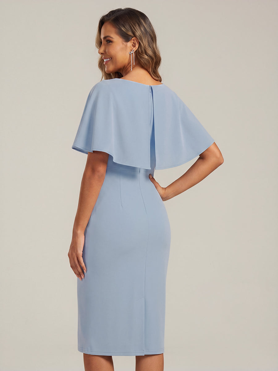 Knit Shawl Sleeve Sheath Wedding Guest Dress #color_Ice Blue