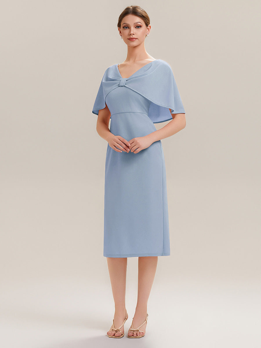 Knit Shawl Sleeve Sheath Wedding Guest Dress #color_Ice Blue