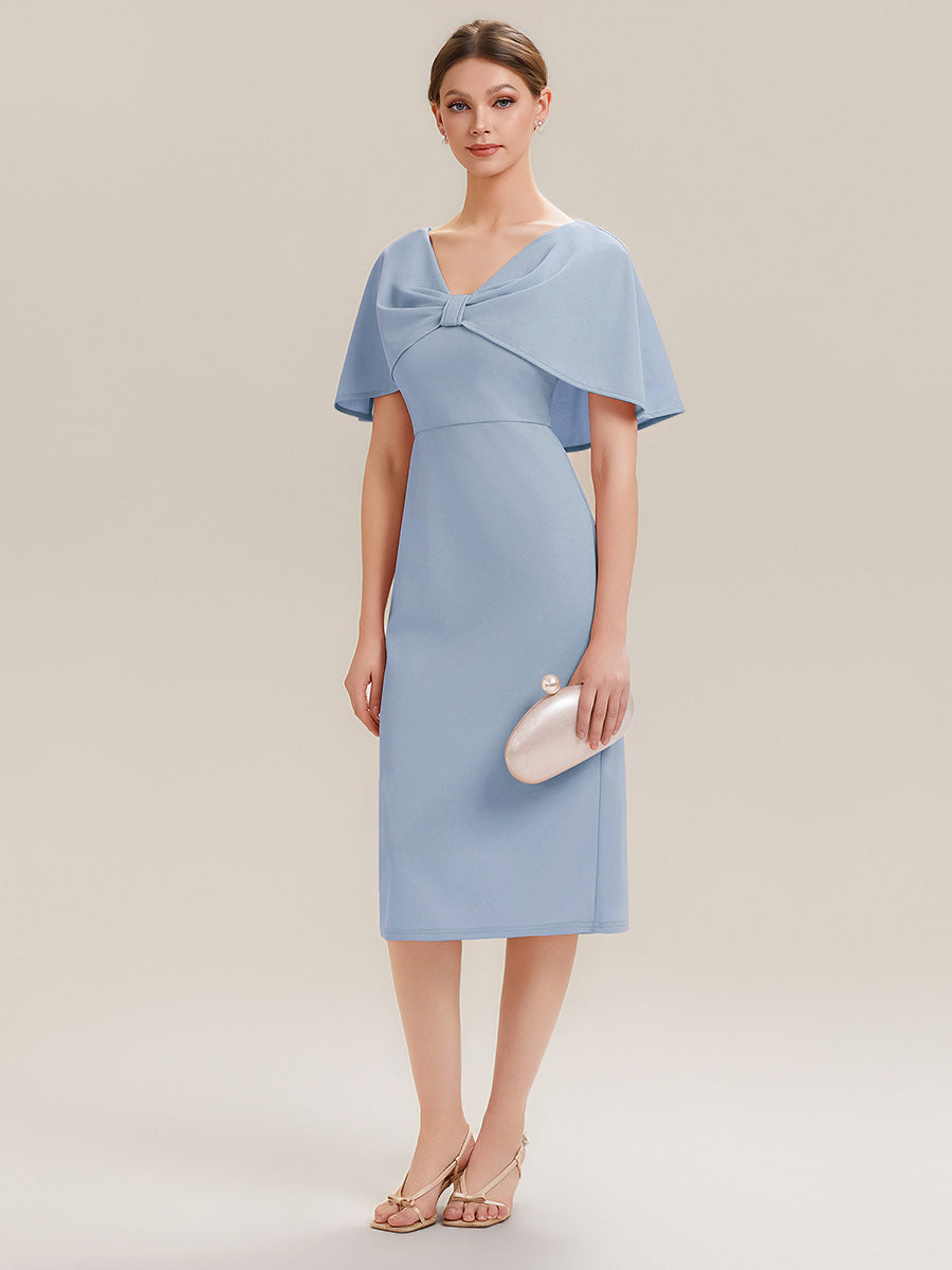 Knit Shawl Sleeve Sheath Wedding Guest Dress #color_Ice Blue