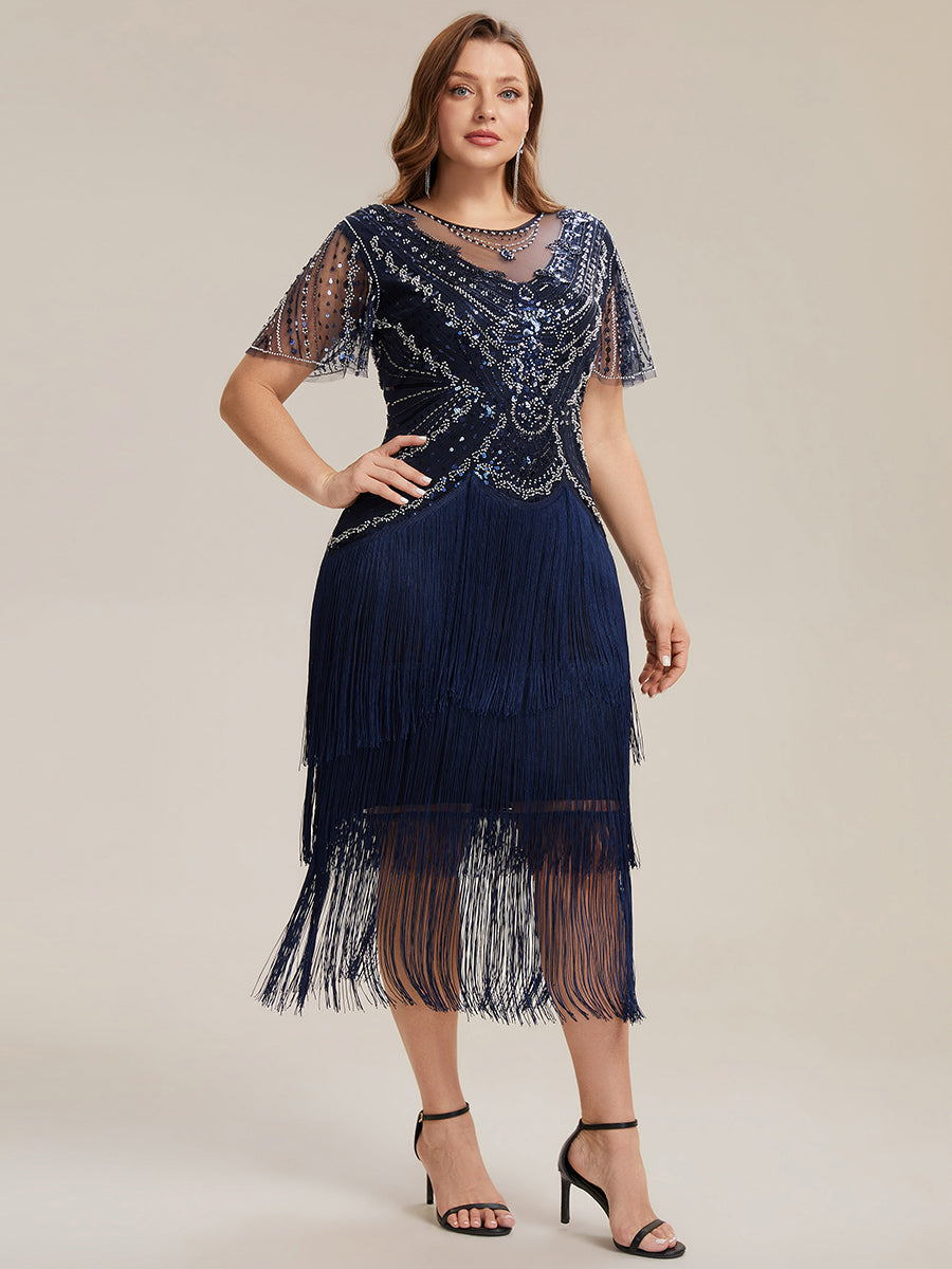 Beaded Sequin Ruffle Sleeve fringe flapper dress #color_Navy Blue