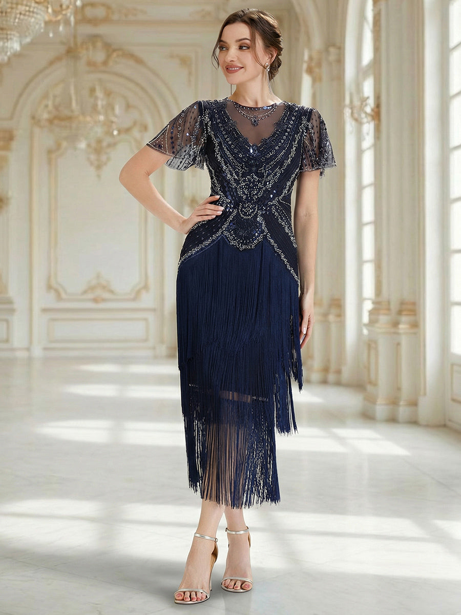 Beaded Sequin Ruffle Sleeve fringe flapper dress #color_Navy Blue