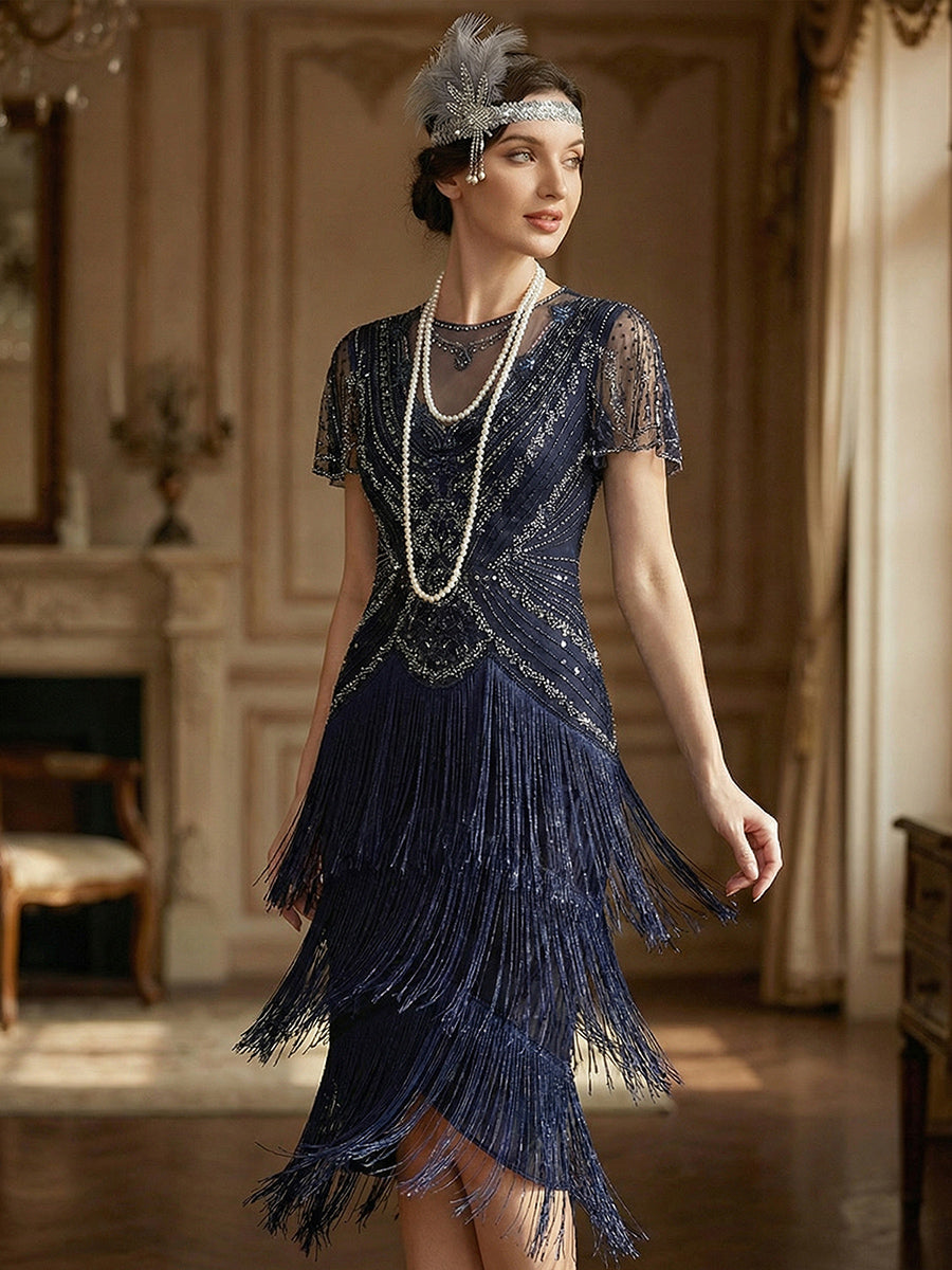 Beaded Sequin Ruffle Sleeve fringe flapper dress #color_Navy Blue