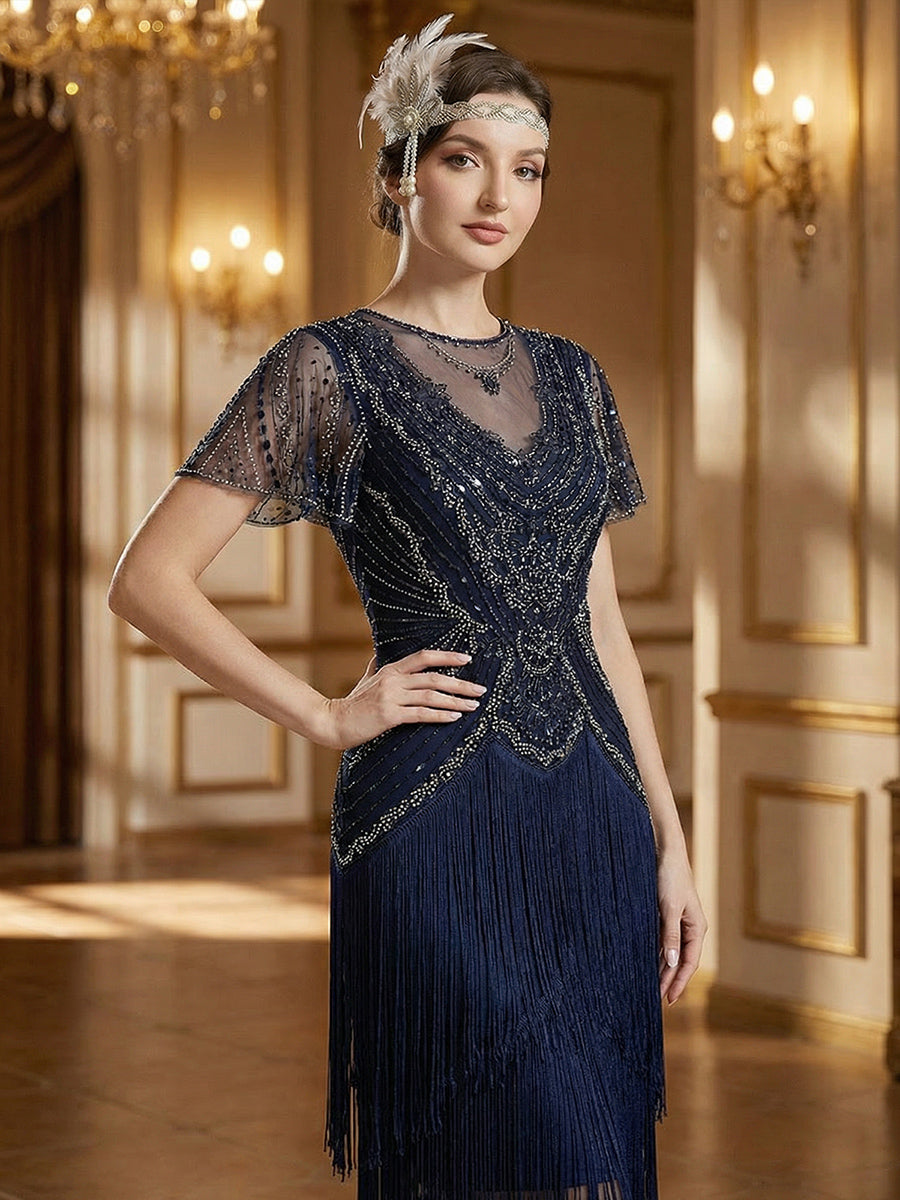 Beaded Sequin Ruffle Sleeve fringe flapper dress #color_Navy Blue