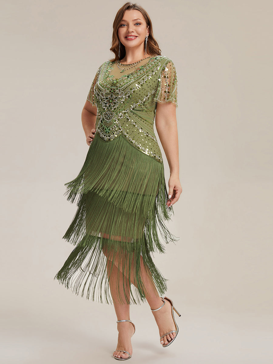 Beaded Sequin Ruffle Sleeve fringe flapper dress #color_Olive Green