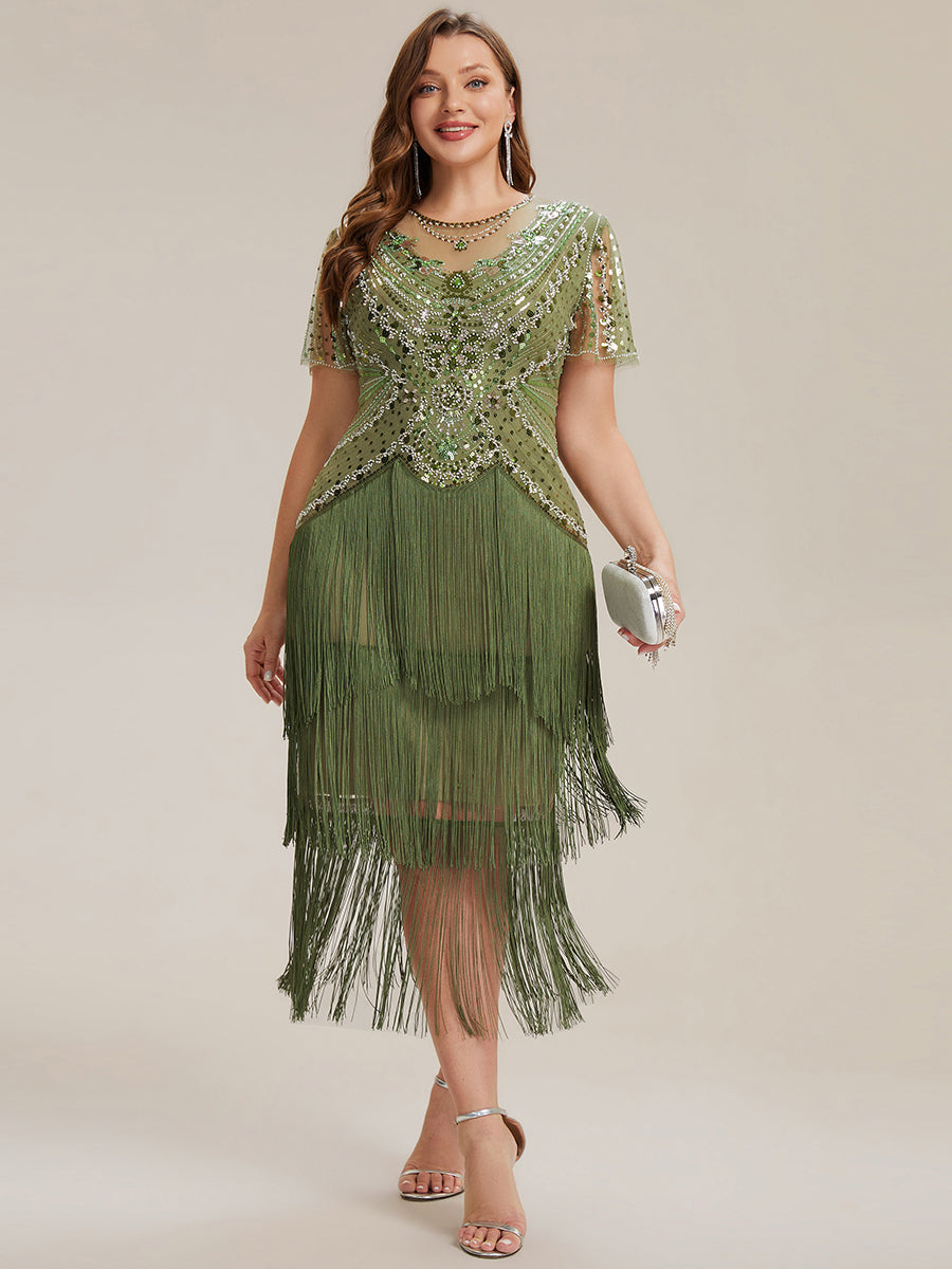 Beaded Sequin Ruffle Sleeve fringe flapper dress #color_Olive Green