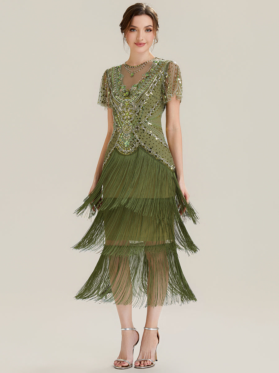 Beaded Sequin Ruffle Sleeve fringe flapper dress #color_Olive Green