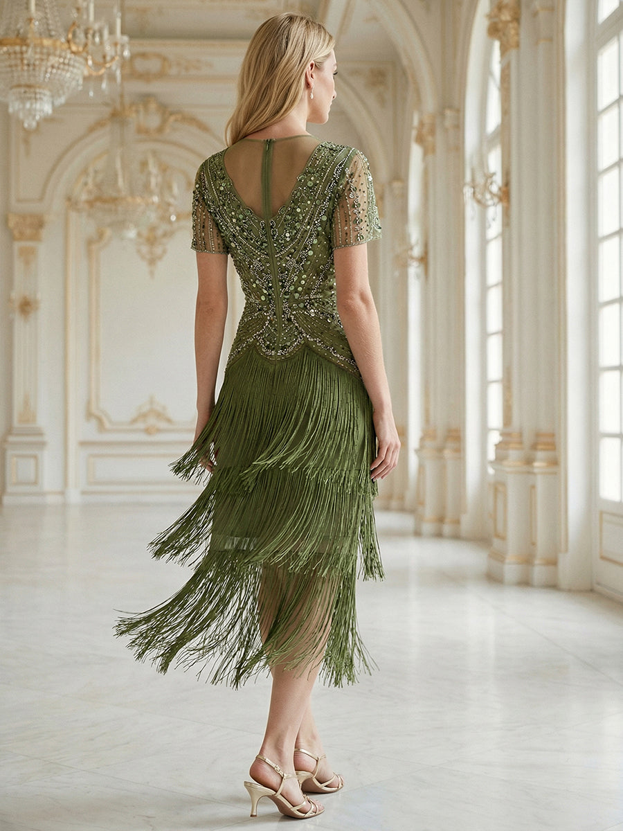 Beaded Sequin Ruffle Sleeve fringe flapper dress #color_Olive Green