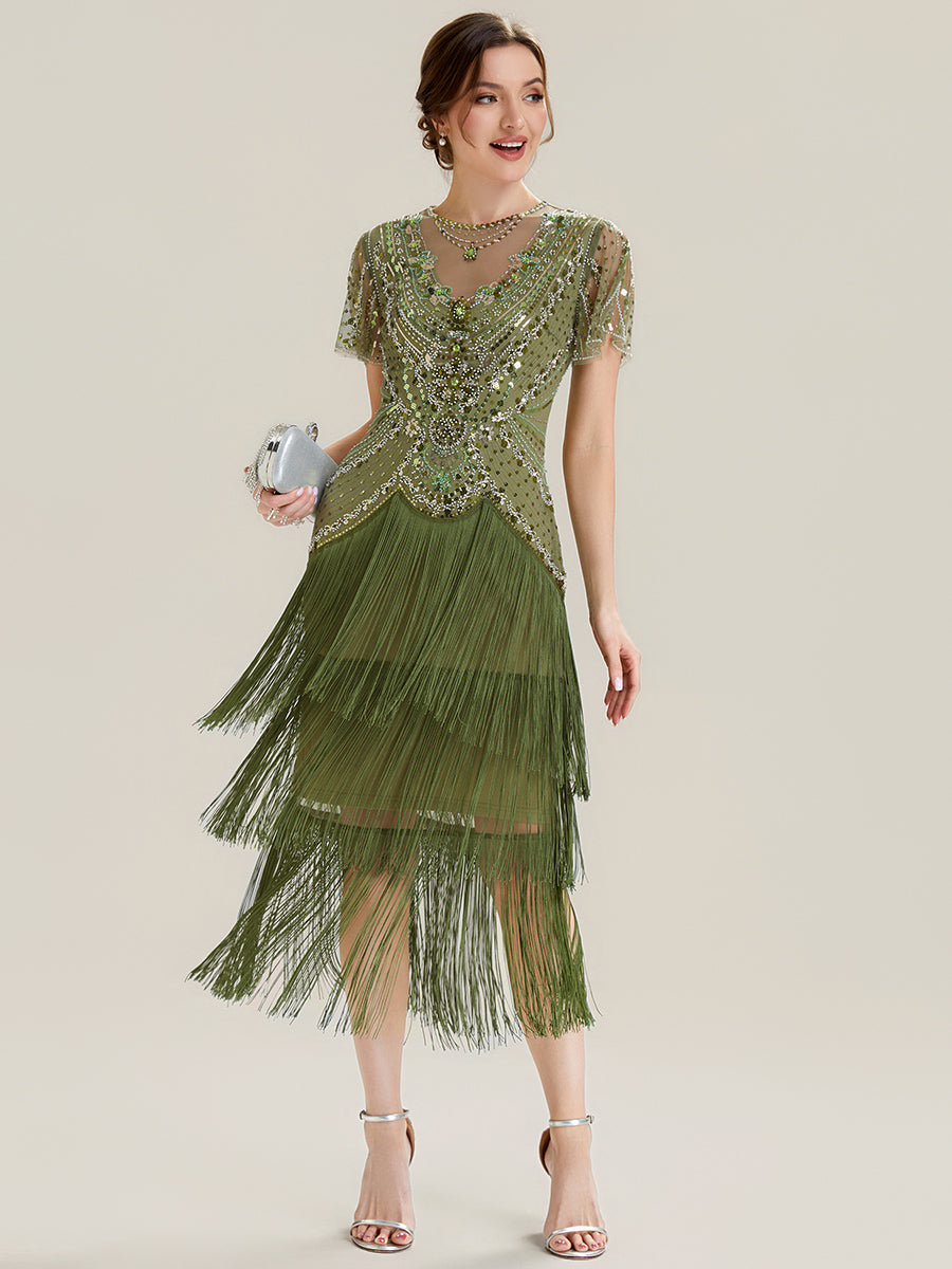 Beaded Sequin Ruffle Sleeve fringe flapper dress #color_Olive Green