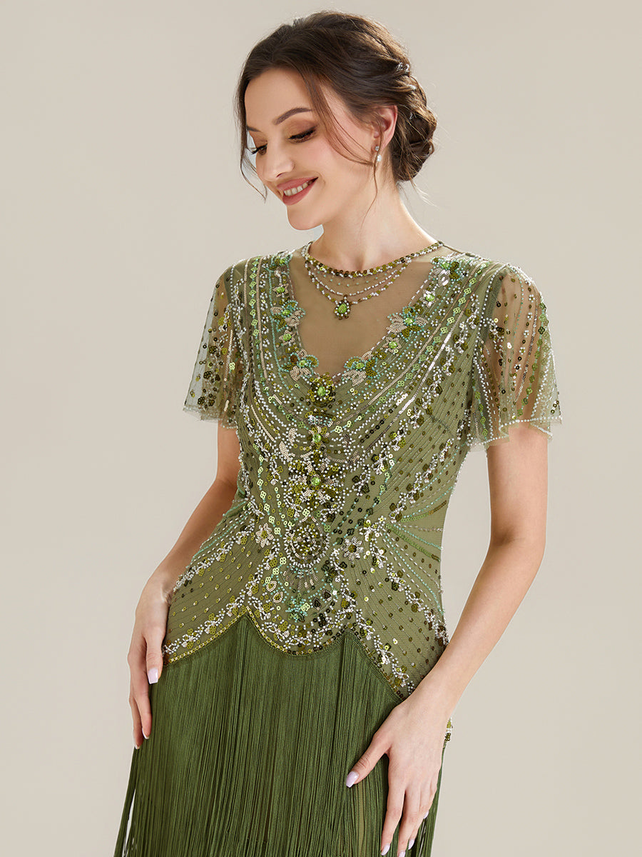 Beaded Sequin Ruffle Sleeve fringe flapper dress #color_Olive Green