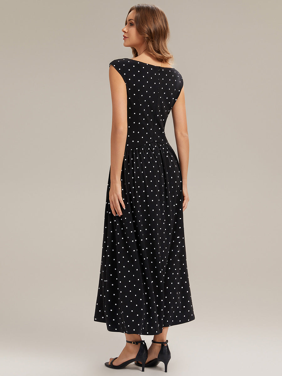 Knit Sleeveless Sheath Wedding Guest Dress #color_Black Polka Dot