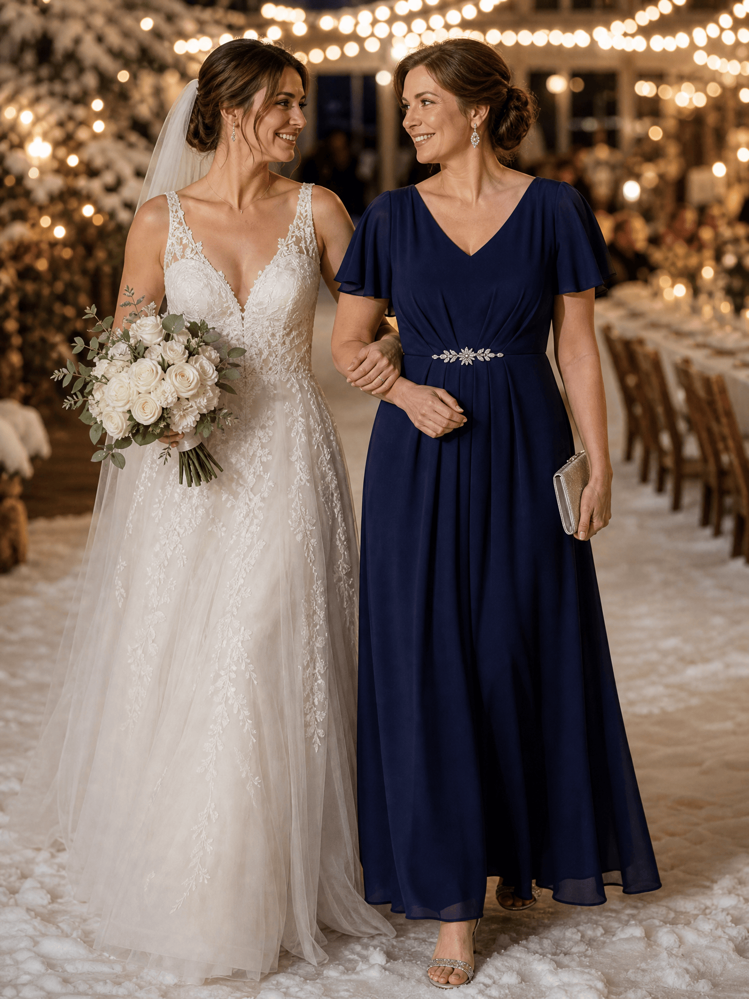 Rhinestone Embellished Chiffon Ruffle Sleeve Wedding Guest Dress #color_Navy Blue