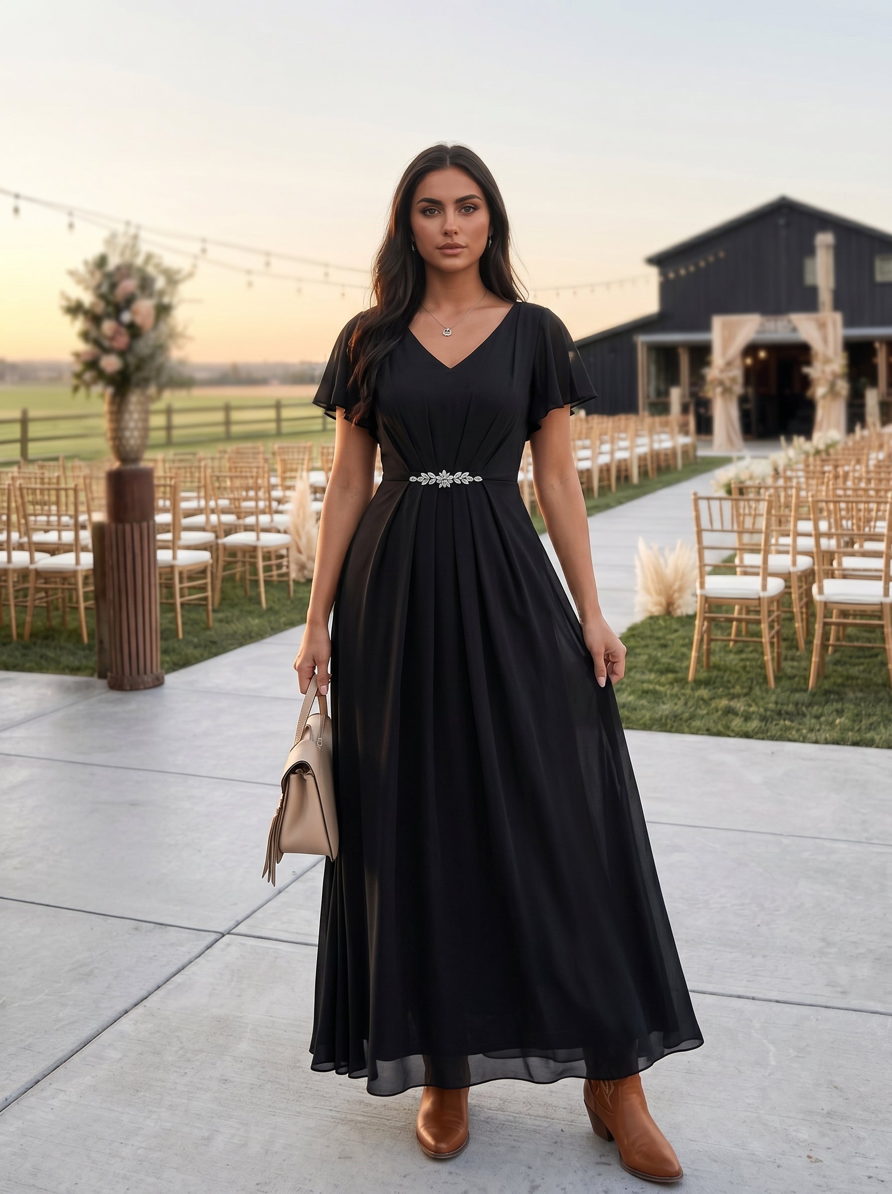 Rhinestone Embellished Chiffon Ruffle Sleeve Wedding Guest Dress #color_Black