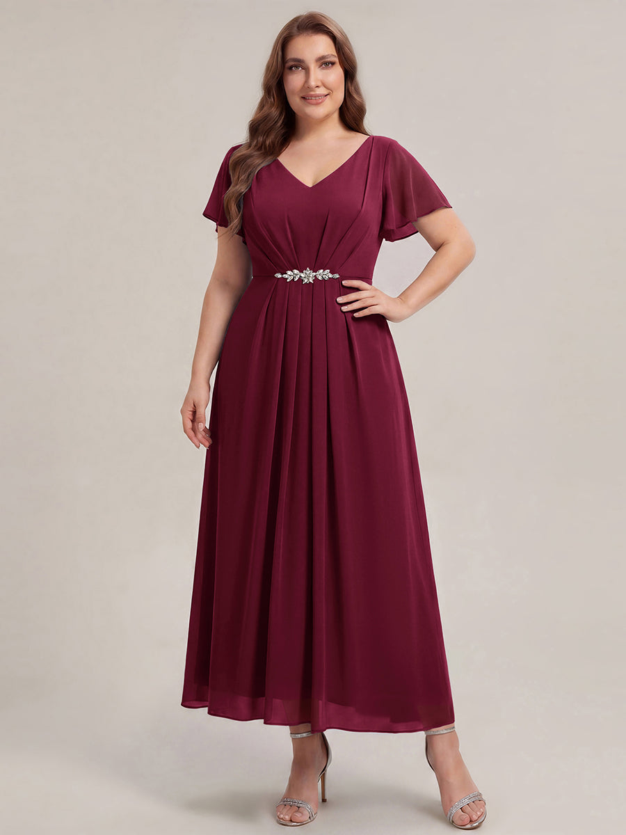 Rhinestone Embellished Chiffon Ruffle Sleeve Wedding Guest Dress #color_Burgundy