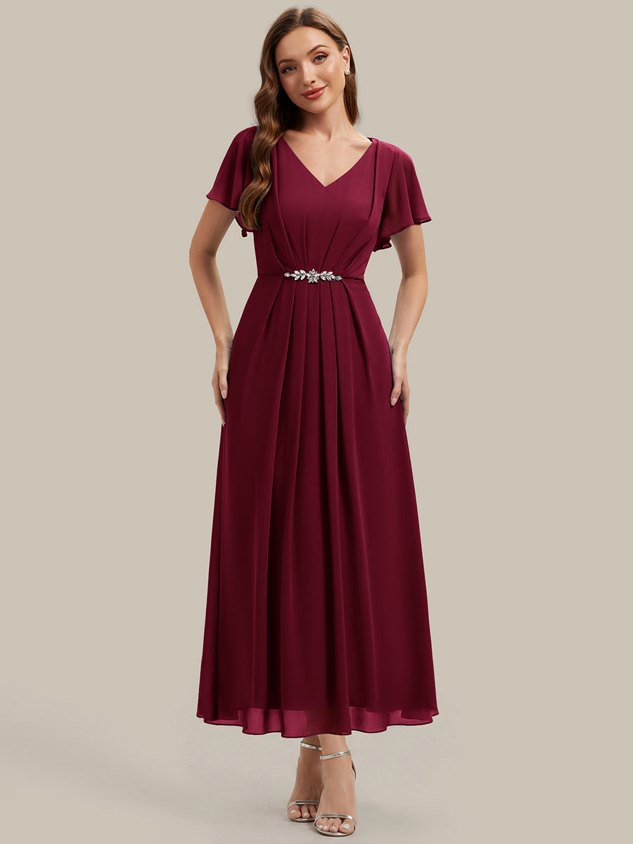 Rhinestone Embellished Chiffon Ruffle Sleeve Wedding Guest Dress #color_Burgundy
