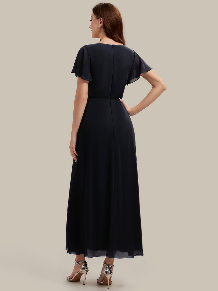Rhinestone Embellished Chiffon Ruffle Sleeve Wedding Guest Dress #color_Black