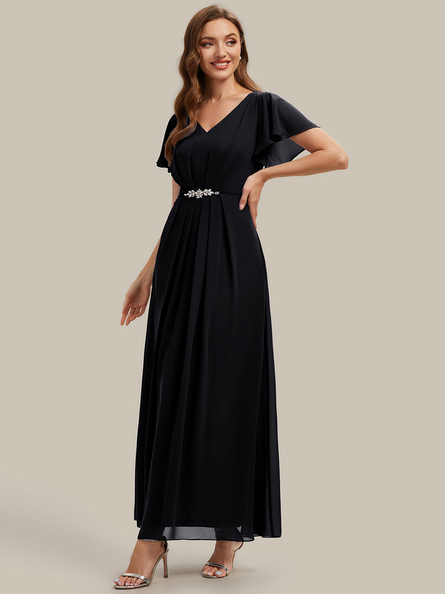 Rhinestone Embellished Chiffon Ruffle Sleeve Wedding Guest Dress #color_Black