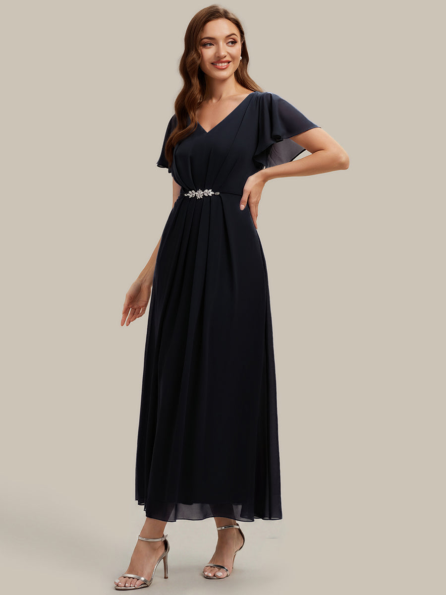 Rhinestone Embellished Chiffon Ruffle Sleeve Wedding Guest Dress #color_Black