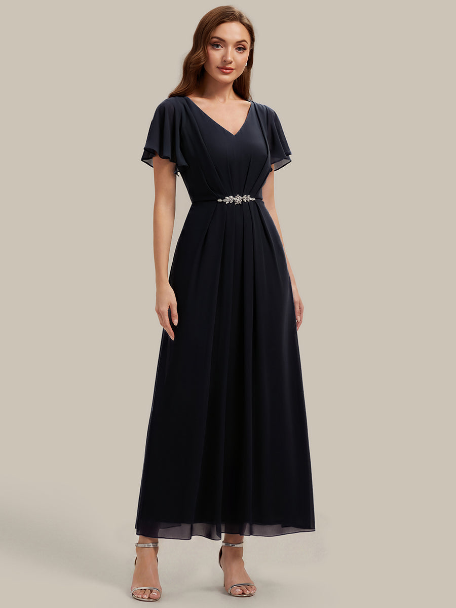 Rhinestone Embellished Chiffon Ruffle Sleeve Wedding Guest Dress #color_Black